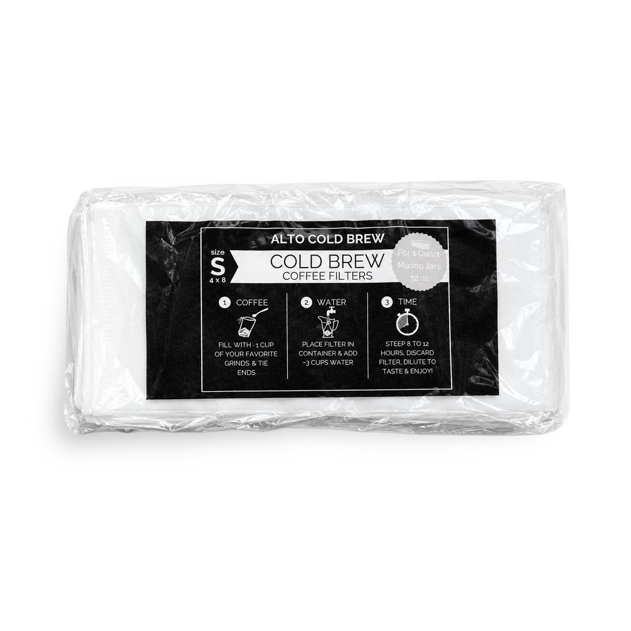 A packaged block of Alto Cold Brew Cold Brew Coffee Filters, wrapped in clear plastic with a black and white label showing the brewing instructions.