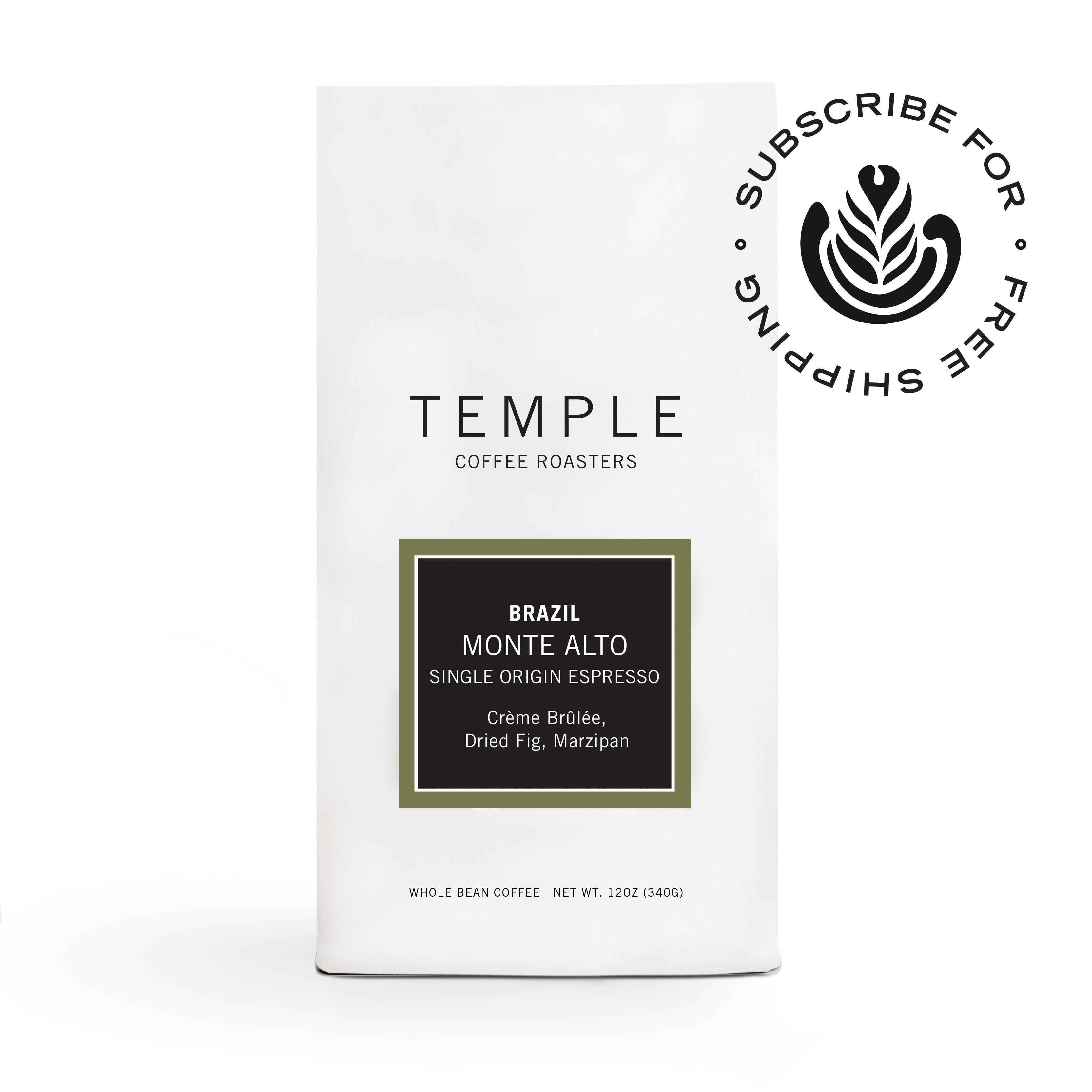 Bag of Brazil Monte Alto single origin espresso with the subscribe and ship free emblem. 
