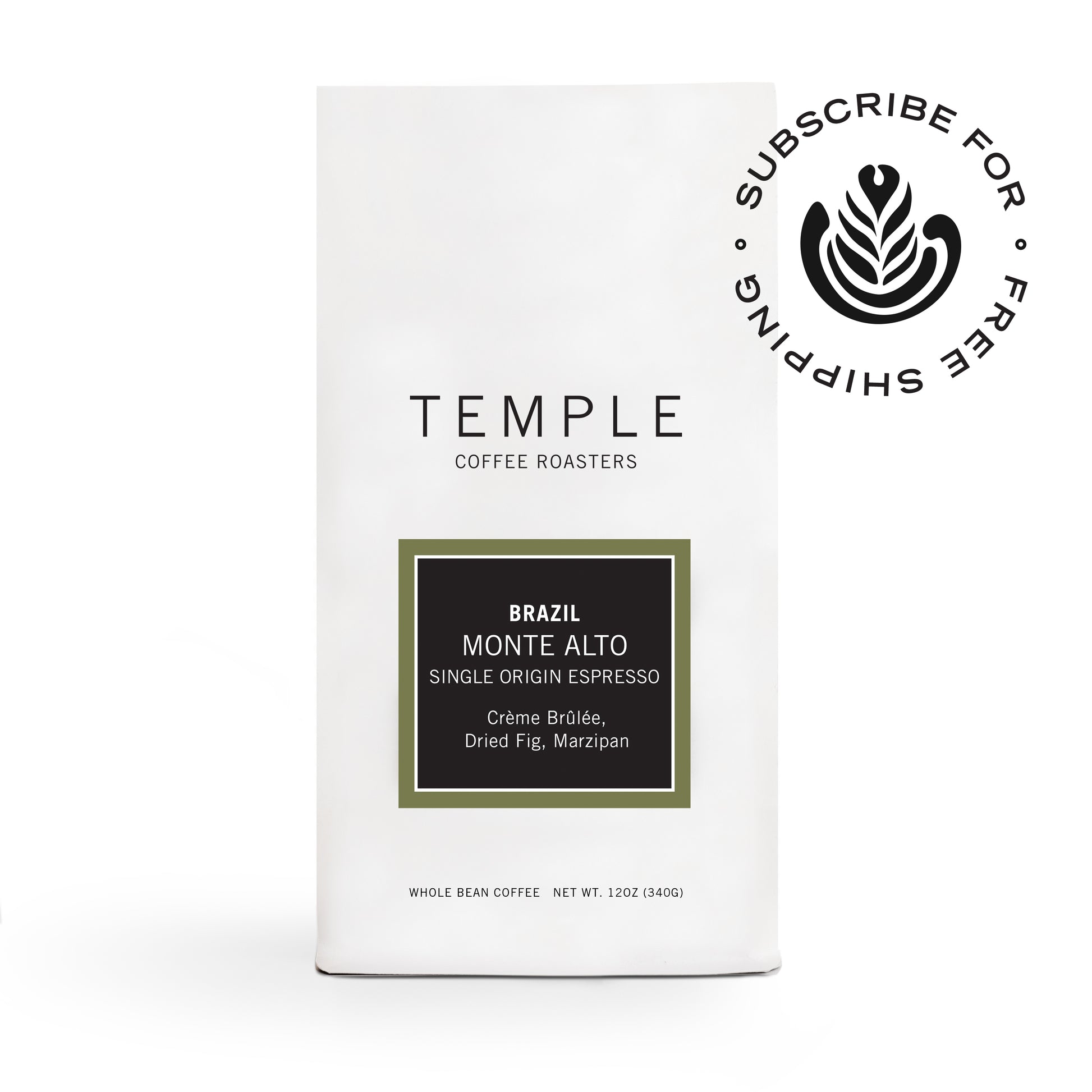 Bag of Brazil Monte Alto single origin espresso with the subscribe and ship free emblem. 