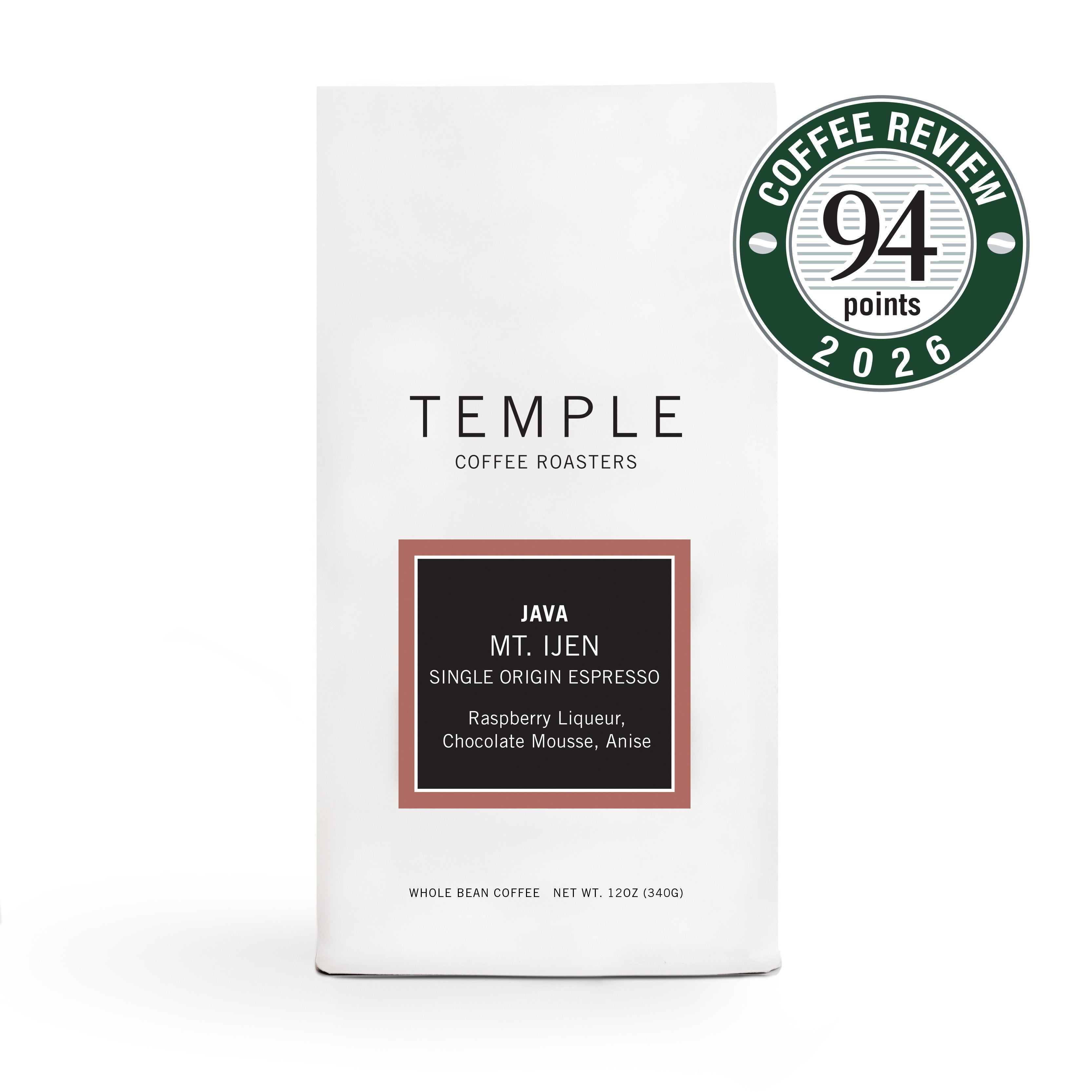 A white bag of Temple Coffee Roasters Java Mt. Ijen Single Origin Espresso coffee beans, featuring a black and brown label, with a green and white 'Coffee Review 94 points 2026' badge overlay in the top right corner.