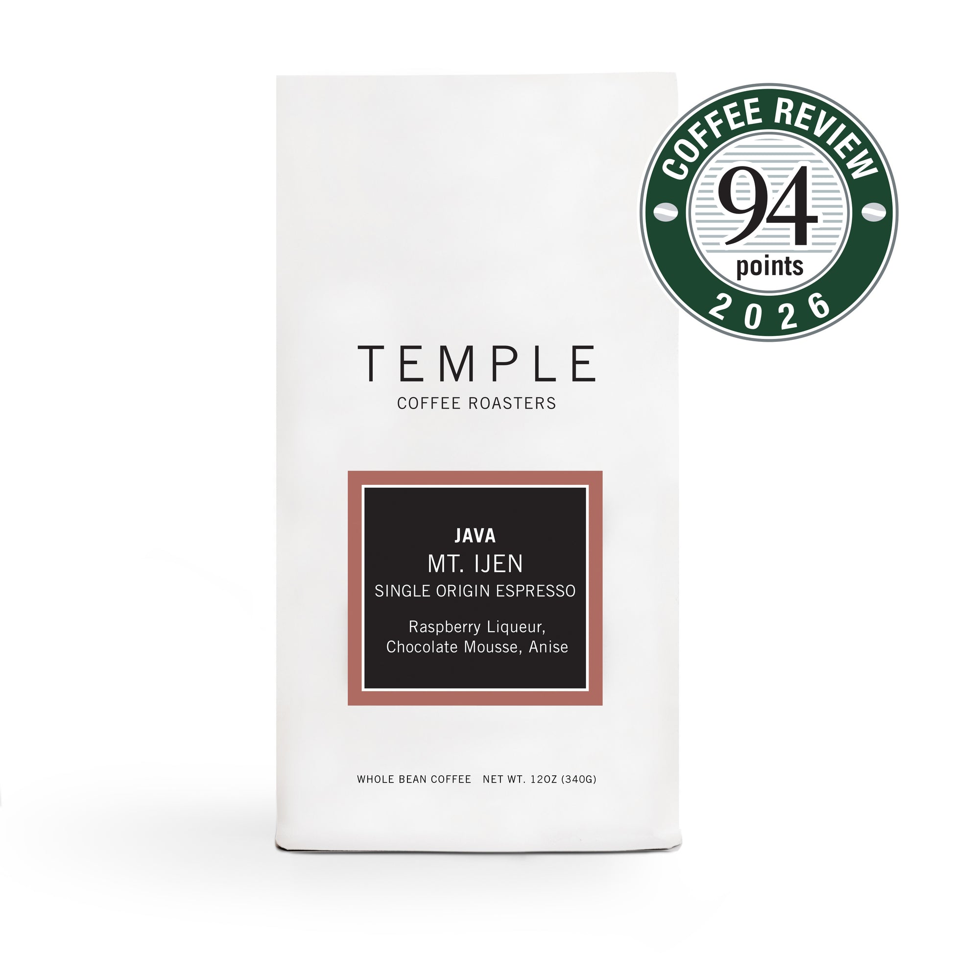 A white bag of Temple Coffee Roasters Java Mt. Ijen Single Origin Espresso coffee beans, featuring a black and brown label, with a green and white 'Coffee Review 94 points 2026' badge overlay in the top right corner.