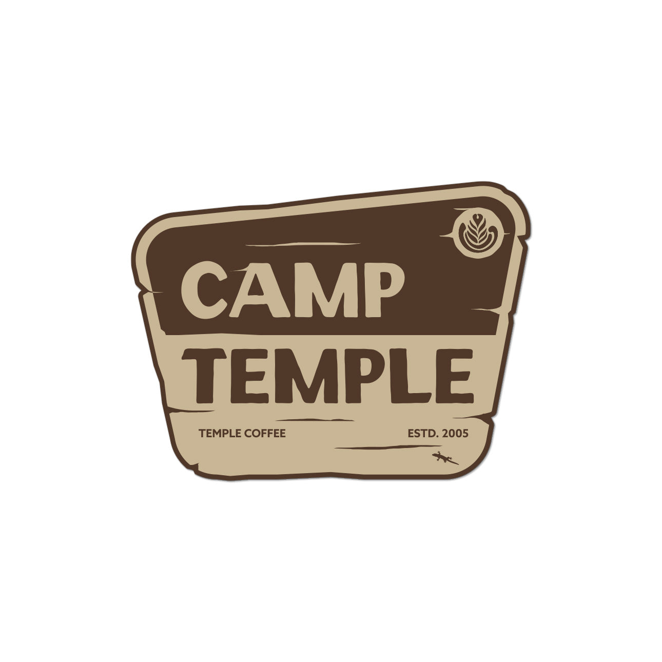 A rustic campfire-style logo patch for Temple Coffee featuring the words 'CAMP TEMPLE' in beige and dark brown, with 'TEMPLE COFFEE' and 'ESTD. 2005' printed below, shown on a plain white background.