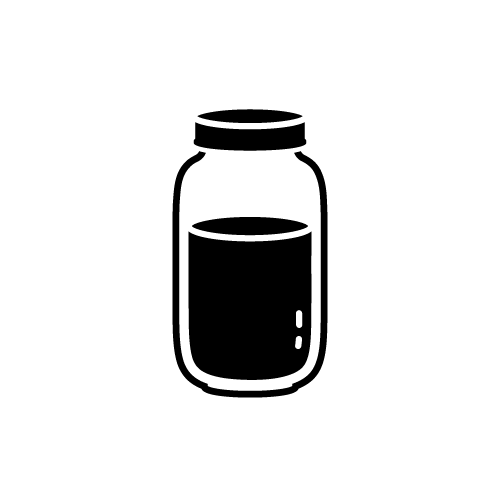 A simple black line-art icon of a glass jar or bottle with a dark liquid fill, centered on a plain white background.