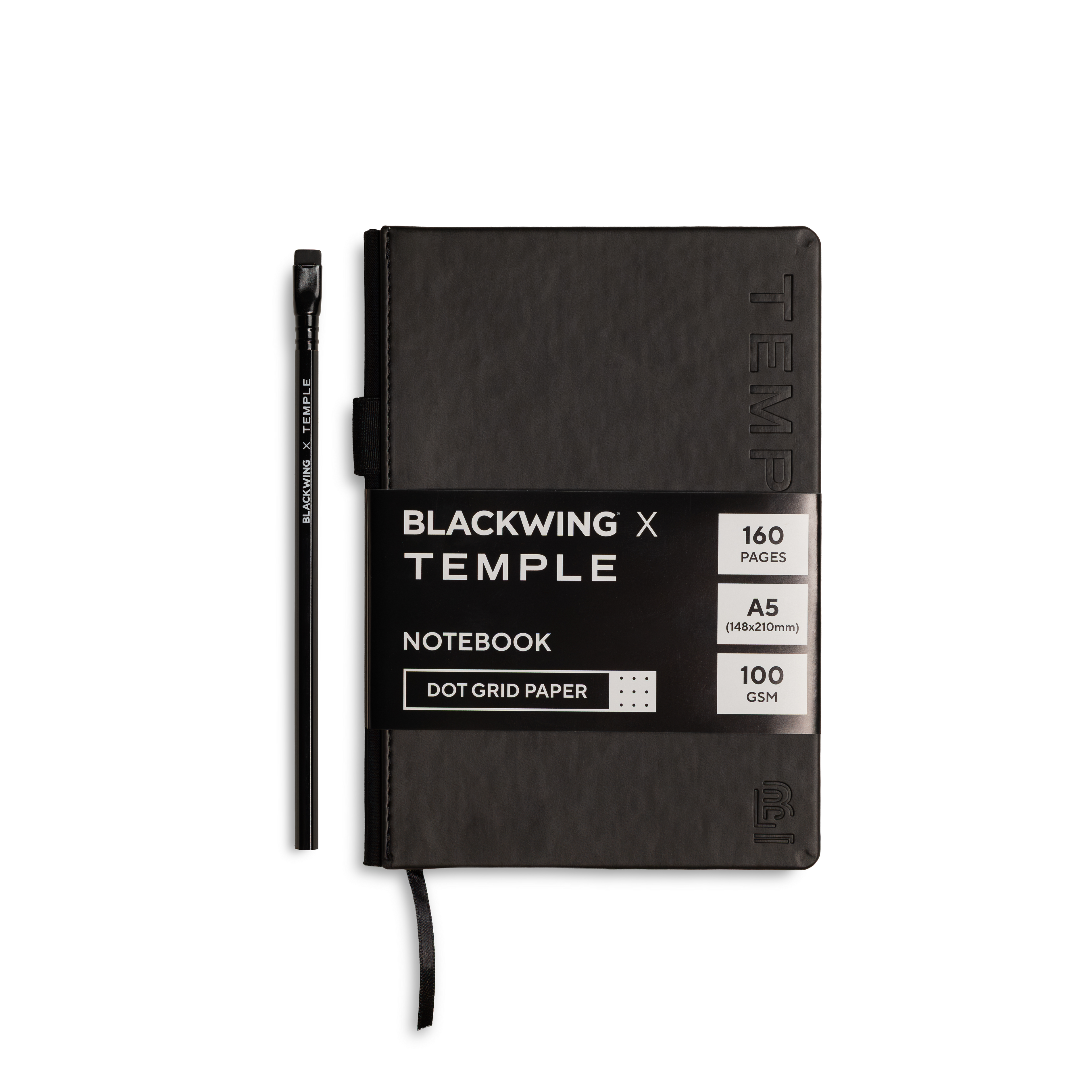 Blackwing x Temple notebook in black with a matching black pen, shown on a clean white background. The notebook features a textured cover, a black elastic closure, and a black ribbon bookmark.