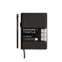 Blackwing x Temple notebook in black with a matching black pen, shown on a clean white background. The notebook features a textured cover, a black elastic closure, and a black ribbon bookmark.