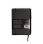A black hardcover notebook with a black label on the back, featuring a black elastic closure and a black ribbon bookmark, photographed on a solid white background.