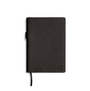 A dark brown textured leather journal with 'TEMPLE' embossed vertically on the cover, featuring a black elastic closure tab and a black ribbon bookmark, shown on a plain white background.