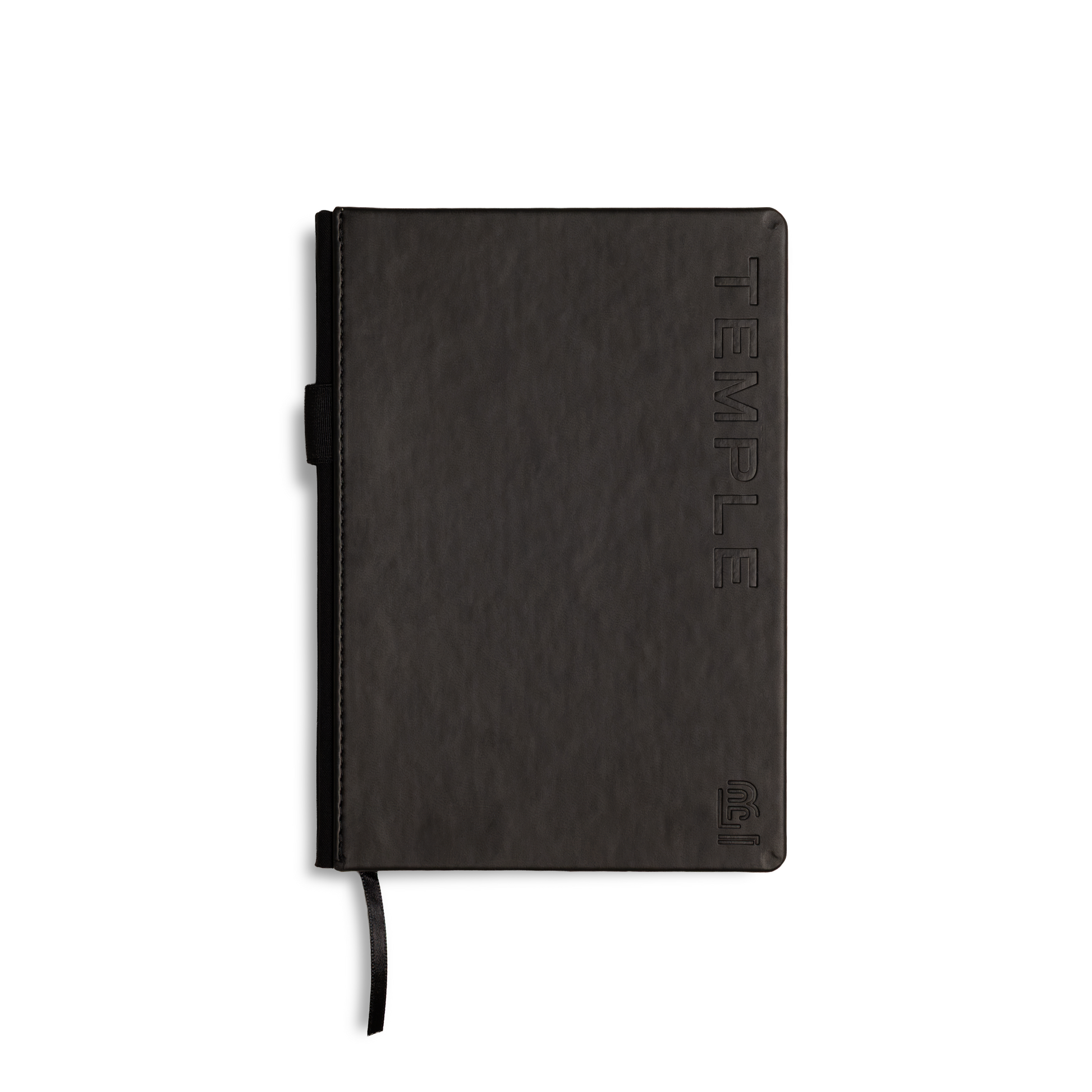 A dark brown textured leather journal with 'TEMPLE' embossed vertically on the cover, featuring a black elastic closure tab and a black ribbon bookmark, shown on a plain white background.