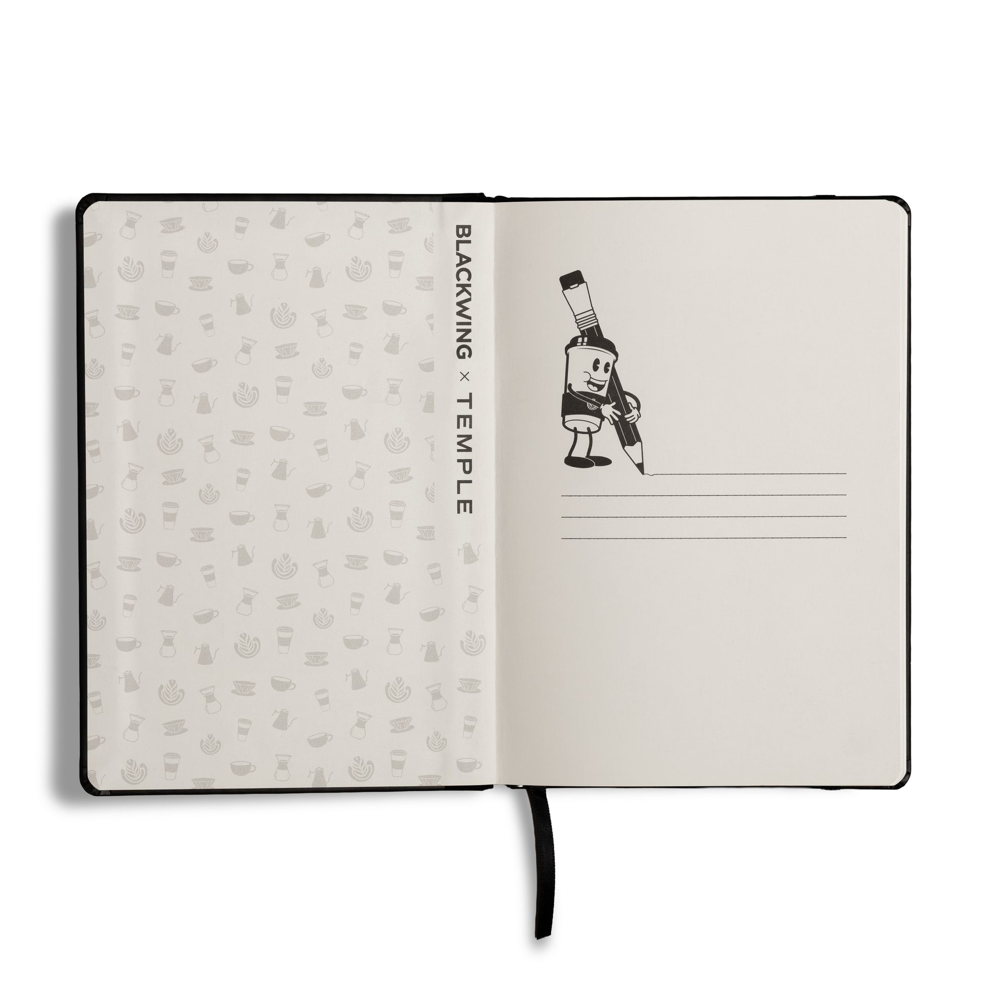 An open notebook or journal on a white background, showing the black cover edge and ribbon bookmark. The left page has a light gray patterned interior with vertical text reading 'BLACKWING TEMPLE'.