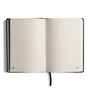 An open bullet journal with blank, dotted off-white pages, a black hardcover, and a black ribbon bookmark, shown on a clean white background.