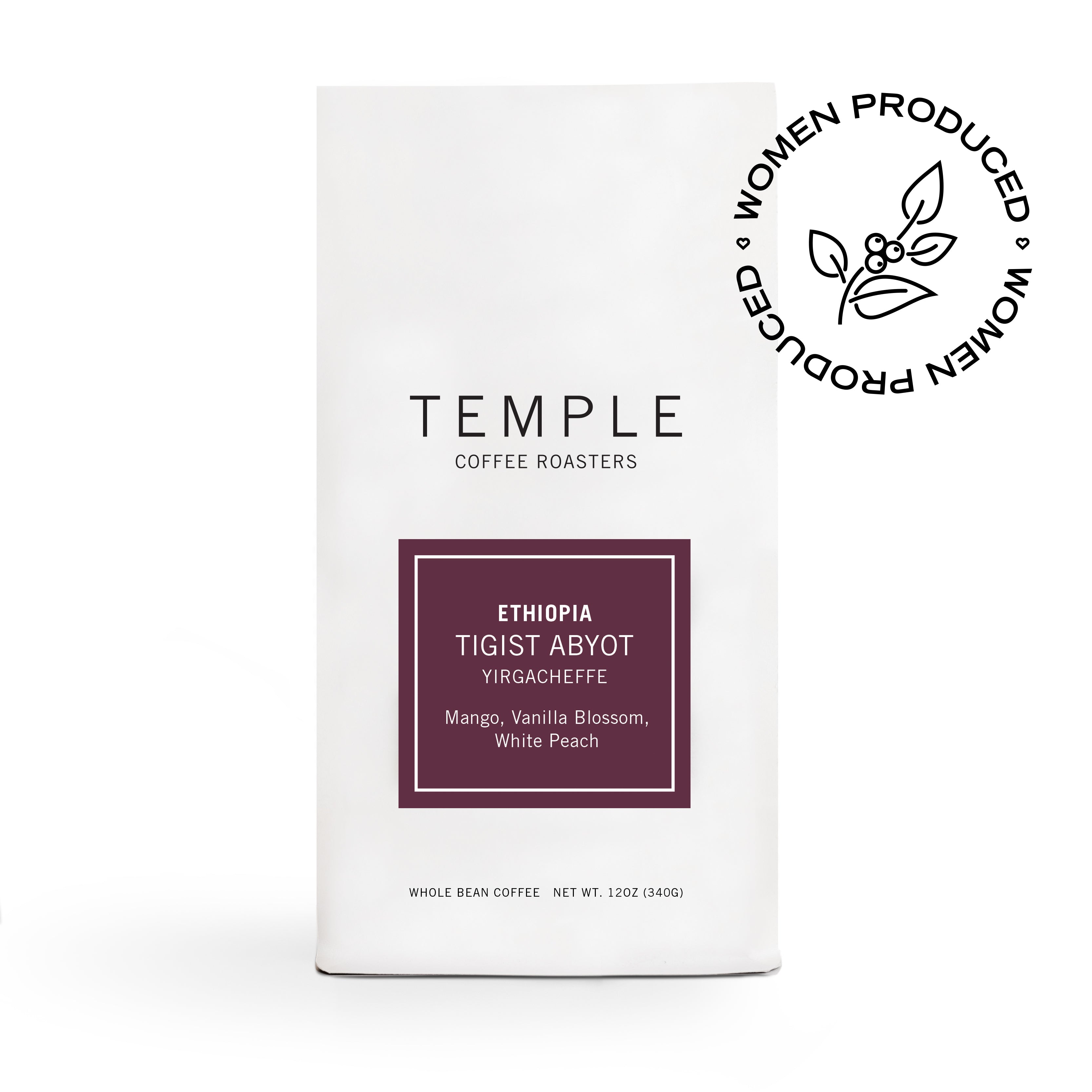 Bag of Ethiopia Tigist Abyot coffee with women produced emblem. 