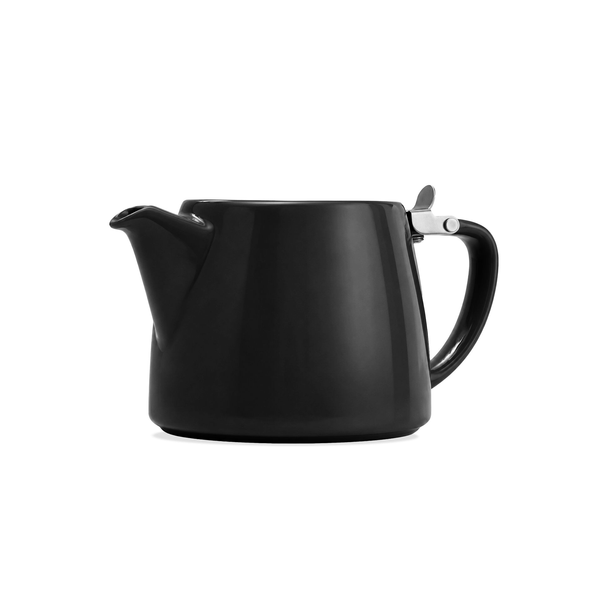 A matte black ceramic teapot with a silver metal lever handle, shown on a solid white background.