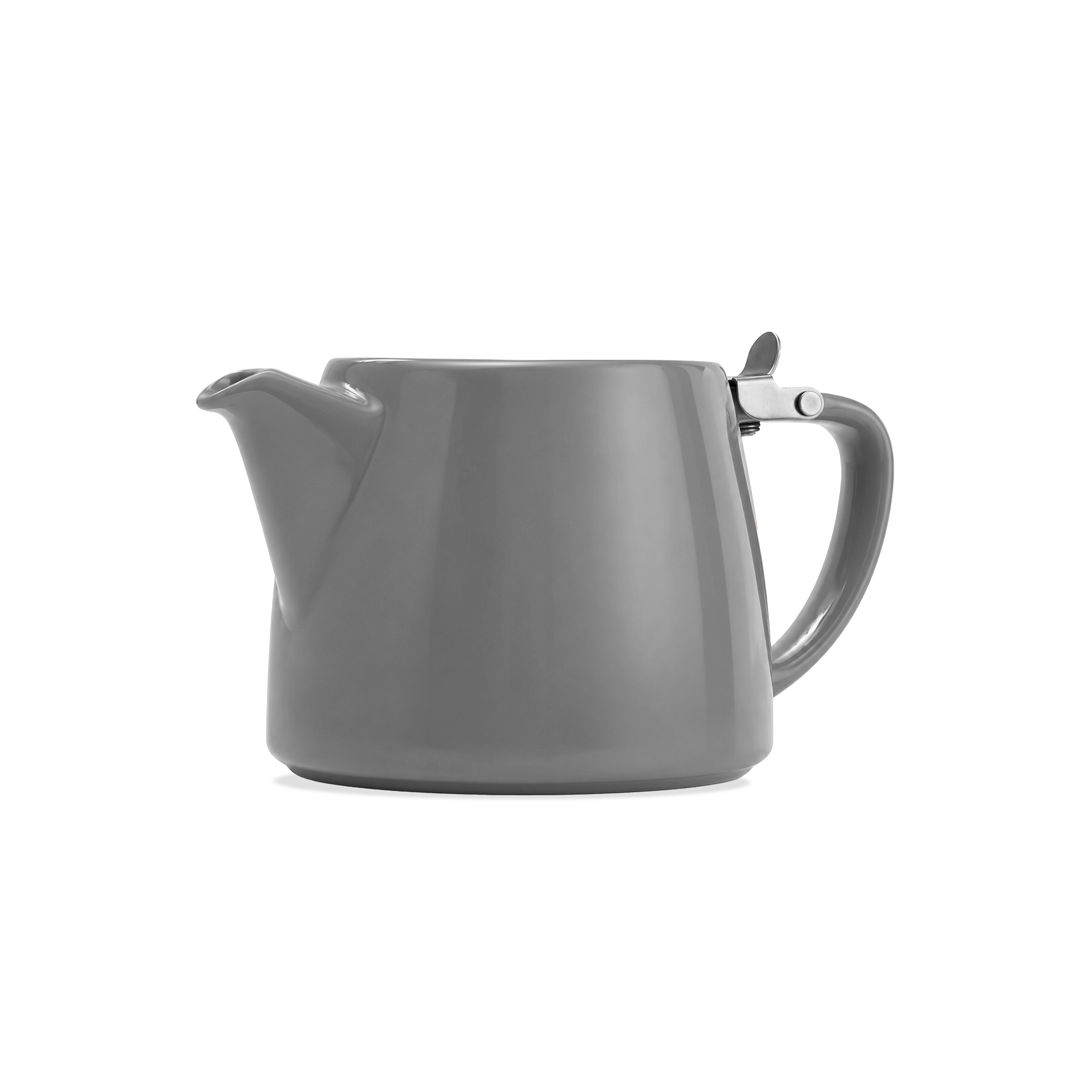 A matte gray ceramic teapot with a matching gray handle and spout, featuring a small silver metal accent on the handle, shown against a plain white background.