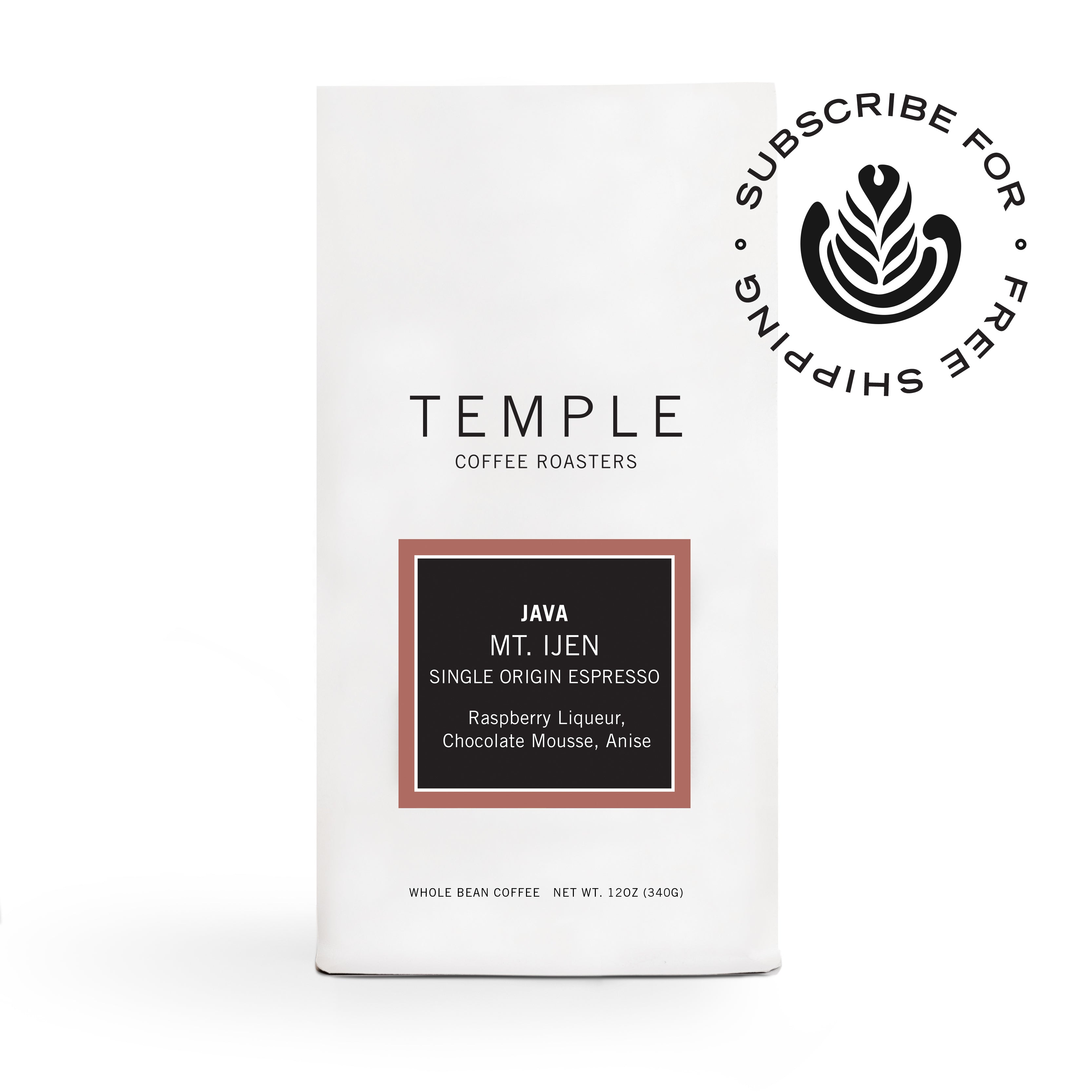 Bag of Java Single Origin Espresso with subscribe and ship free emblem. 