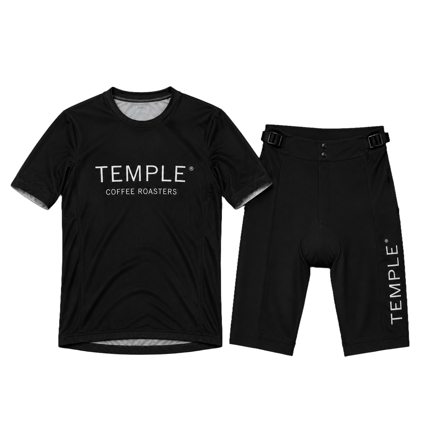 A black Temple Coffee Roasters athletic set consisting of a short-sleeve crewneck t-shirt and matching compression shorts, displayed on a clean white background.