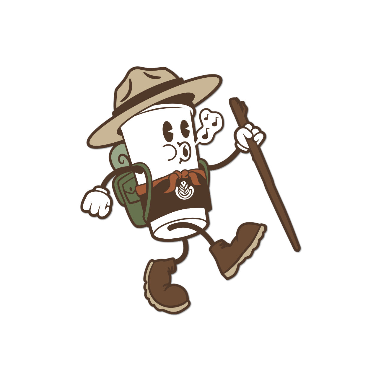 A cartoon-style character resembling a coffee cup dressed as a hiker, wearing a tan hat, brown backpack, brown vest, and hiking boots, while holding a walking stick on a plain white background.