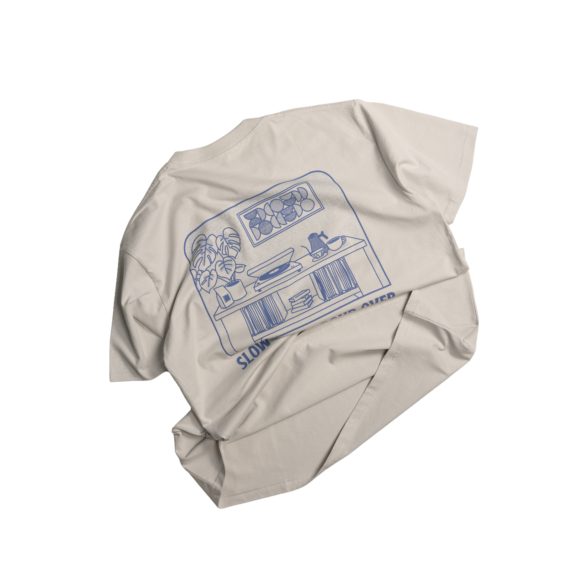 A light beige crewneck t-shirt with a blue line-art graphic on the back, displayed on a clean white background.