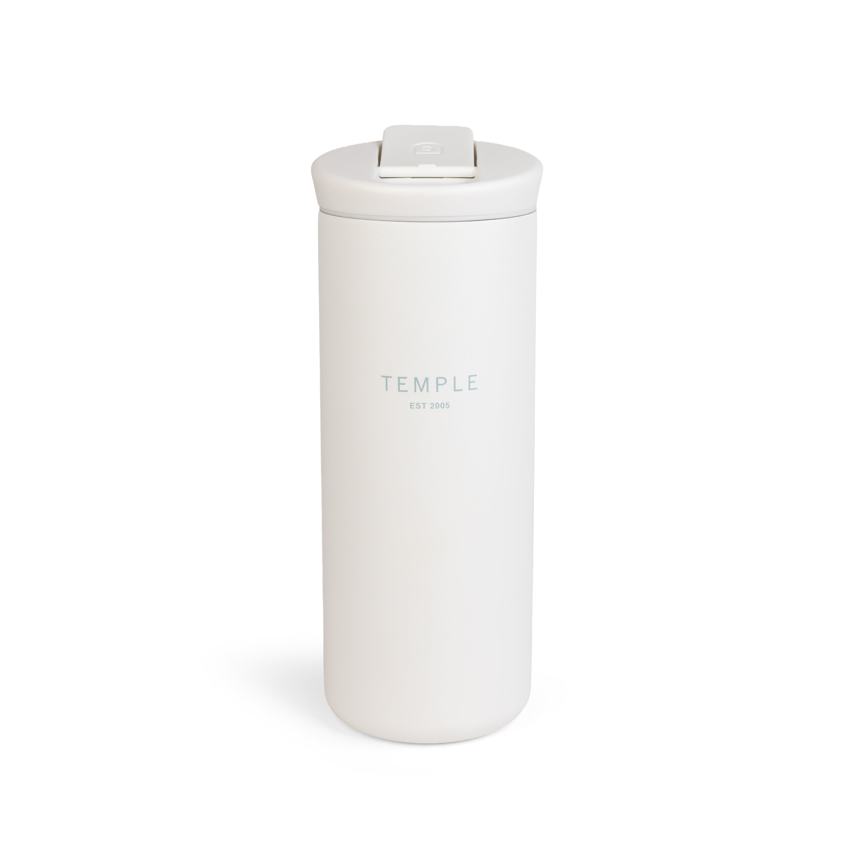 White tumbler with 'TEMPLE' branding on a white background