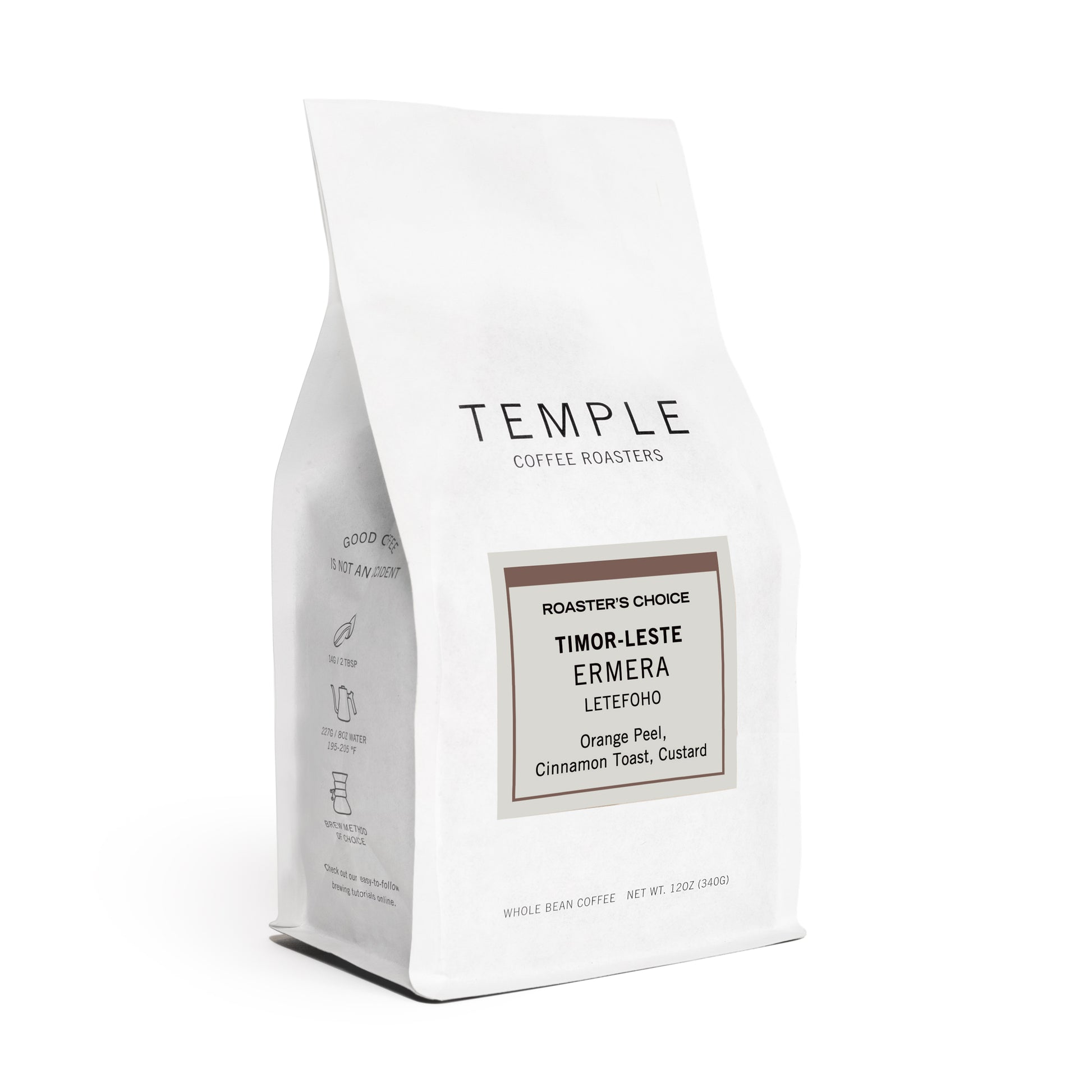 A white stand-up coffee bag from Temple Coffee Roasters on a clean white background. The front label reads 'Roaster's Choice Timor-Leste Ermera' with additional flavor text below.