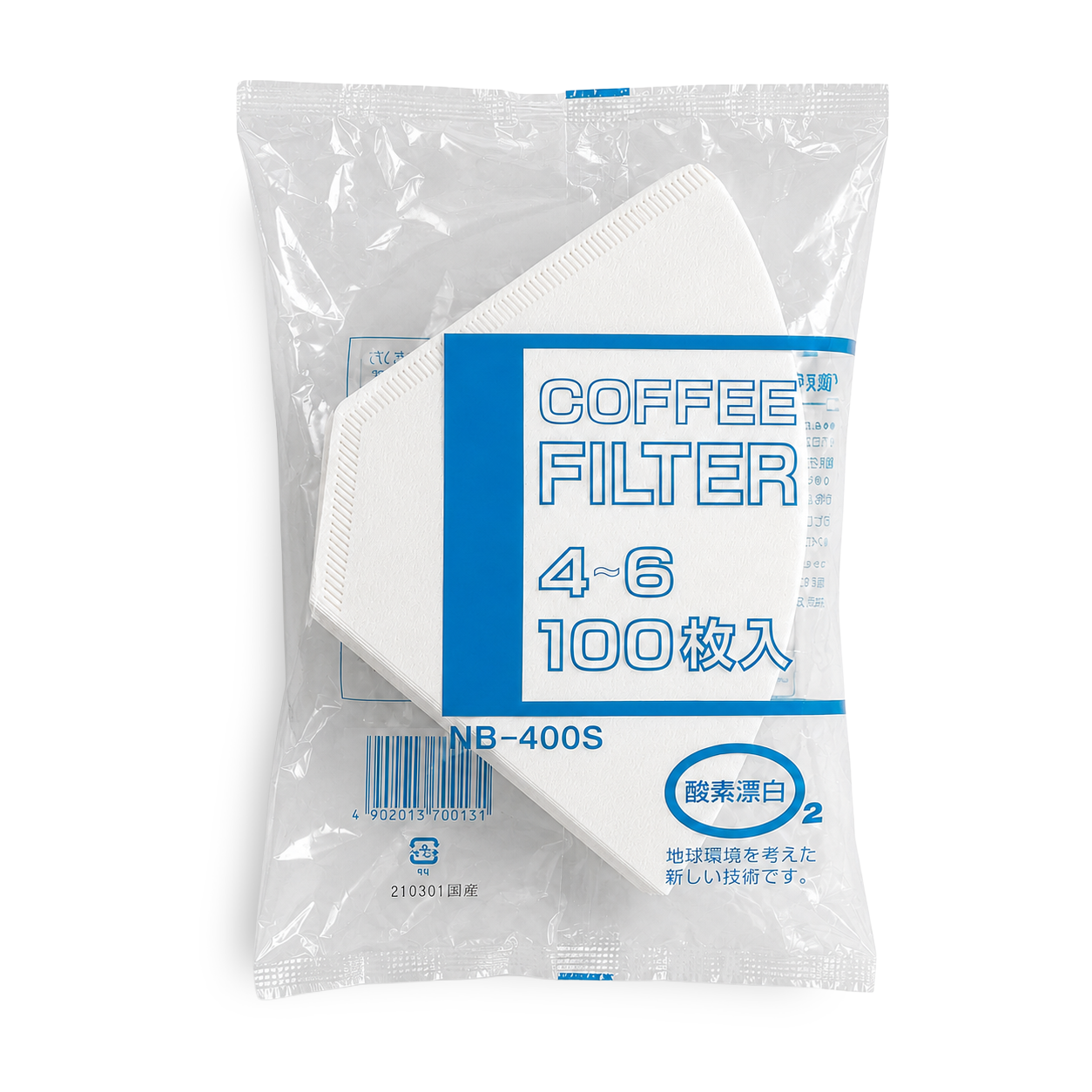 A pack of 100 white coffee filters, model NB-400S, sealed in a clear plastic bag with a blue and white label.