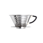 A stainless steel pour-over coffee dripper with a black handle and gold-toned metal accents, shown on a clean white background.