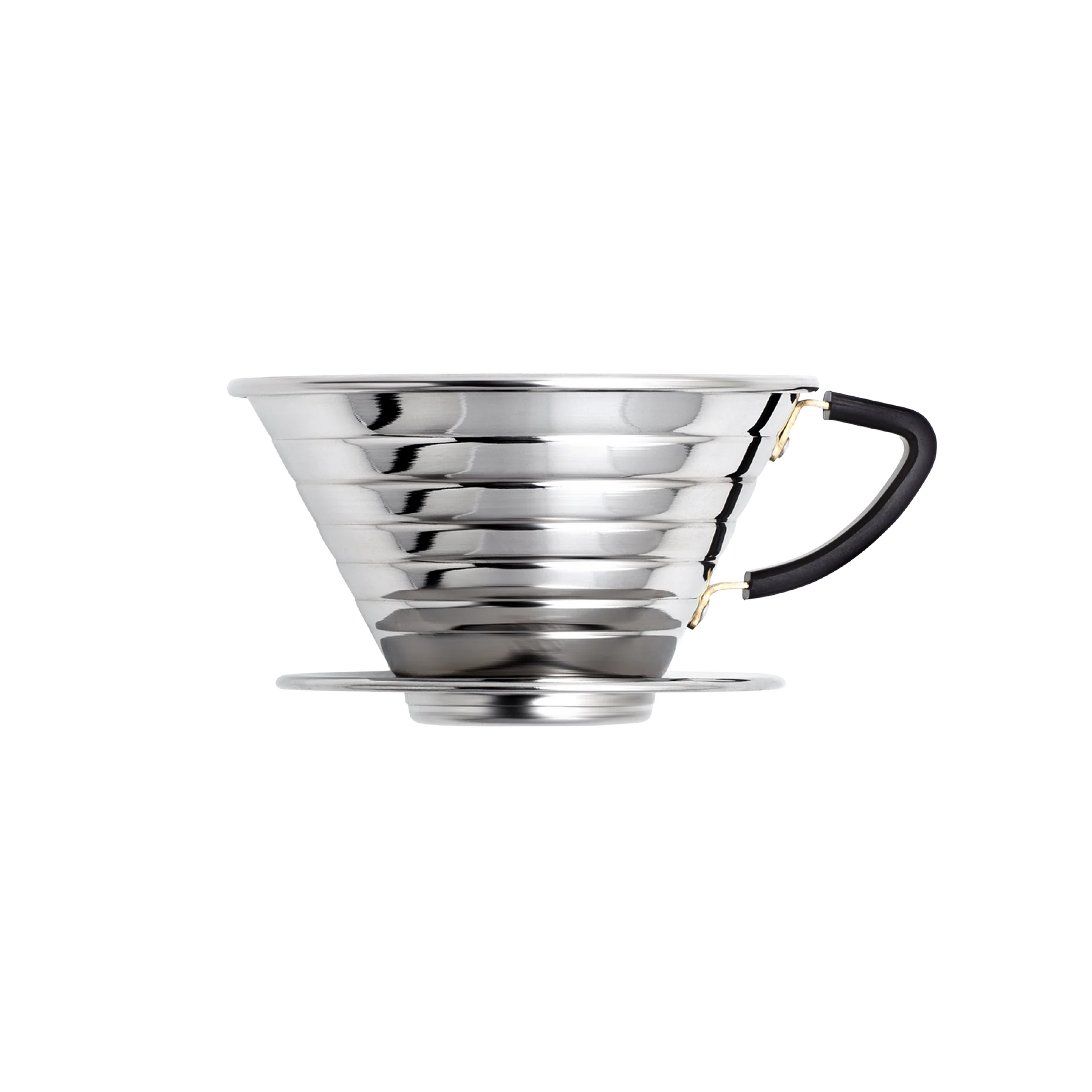 A stainless steel pour-over coffee dripper with a black handle and gold-toned metal accents, shown on a clean white background.