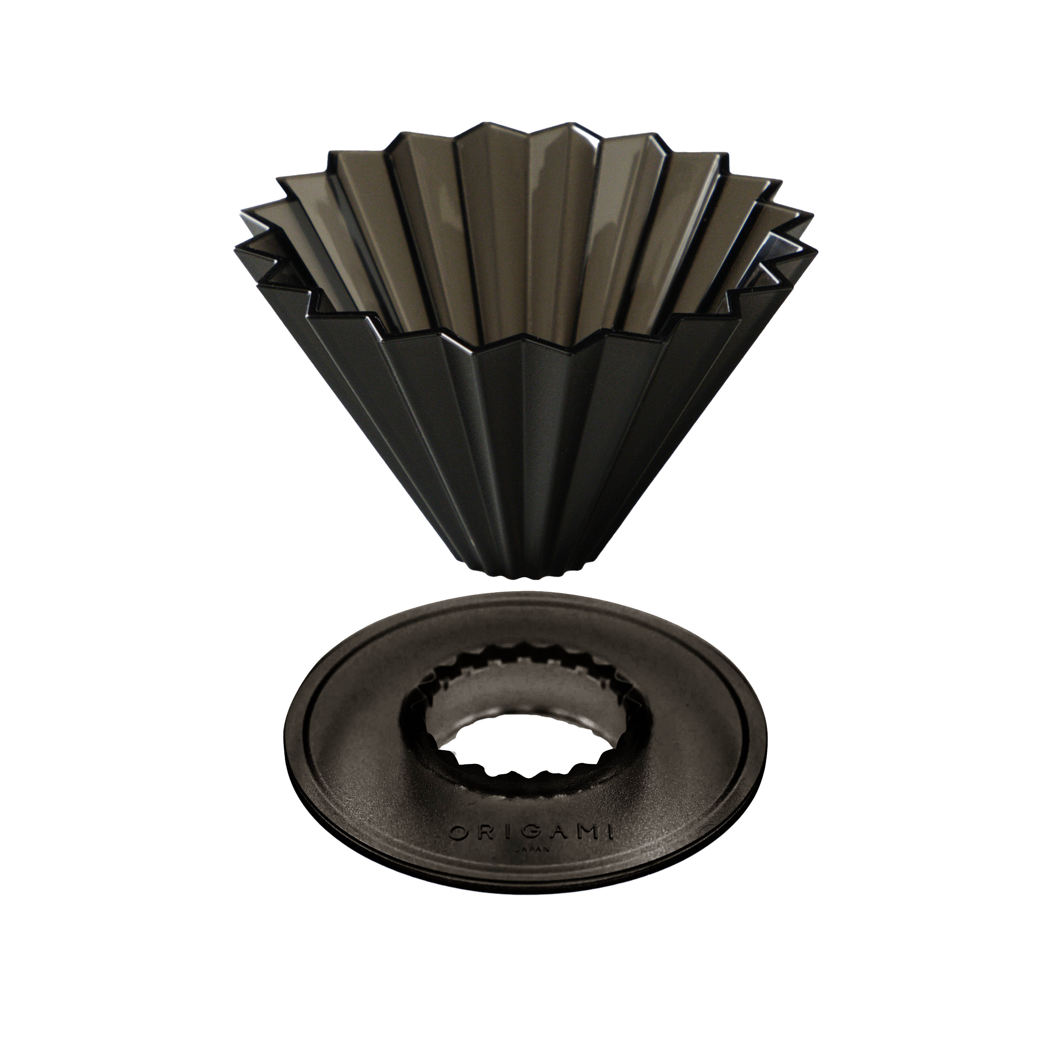 A dark metallic cone-shaped coffee filter resting above its matching circular filter base, both shown on a plain white background. The base is embossed with the brand name ORIBAMI.