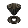 A dark metallic cone-shaped coffee filter resting above its matching circular filter base, both shown on a plain white background. The base is embossed with the brand name ORIBAMI.