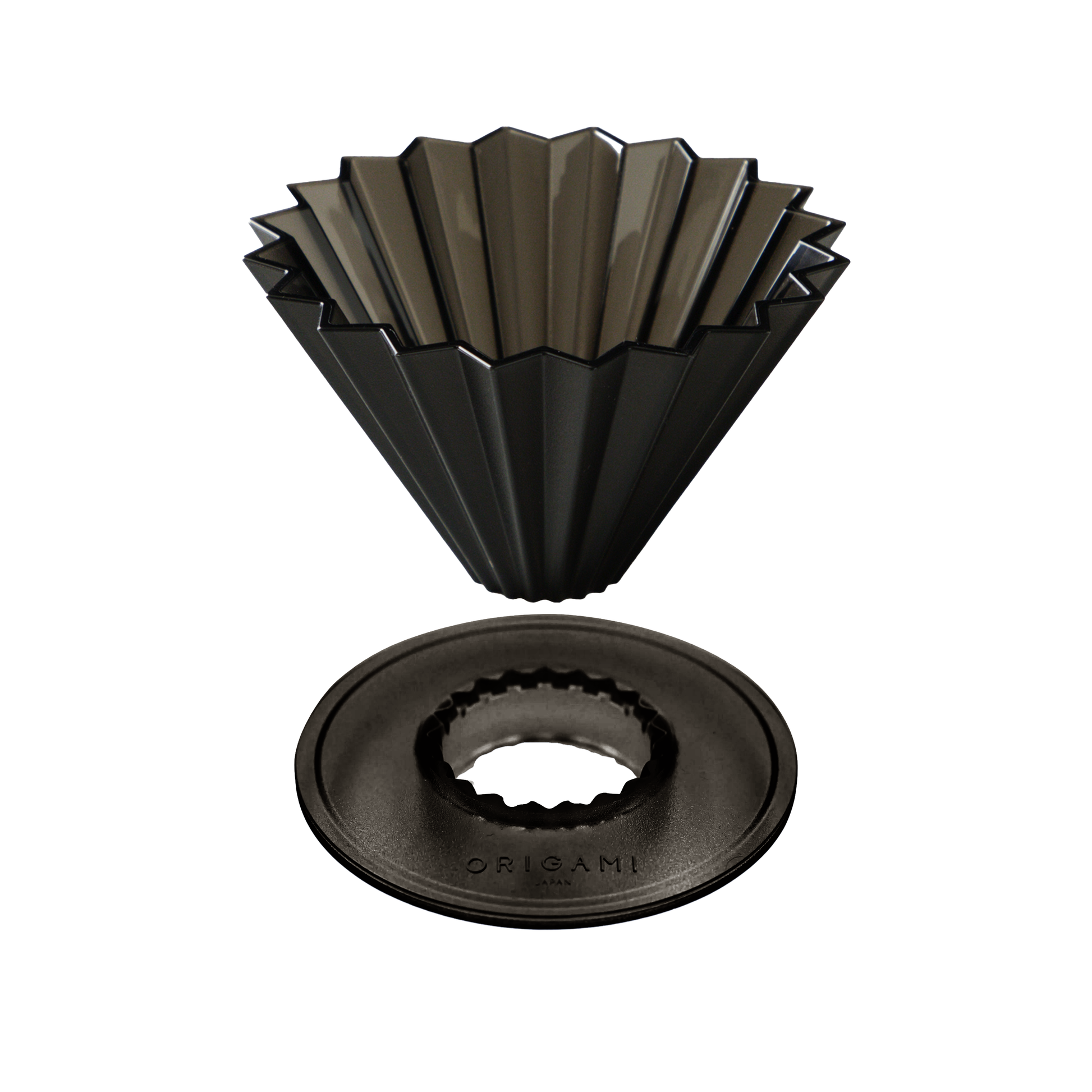 A dark metallic cone-shaped coffee filter resting above its matching circular filter base, both shown on a plain white background. The base is embossed with the brand name ORIBAMI.