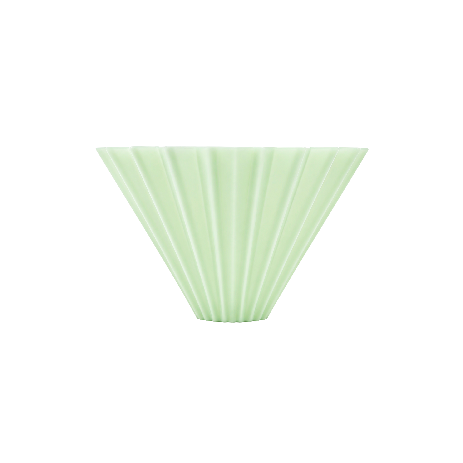 A light mint green pleated cone-shaped coffee filter on a solid white background.