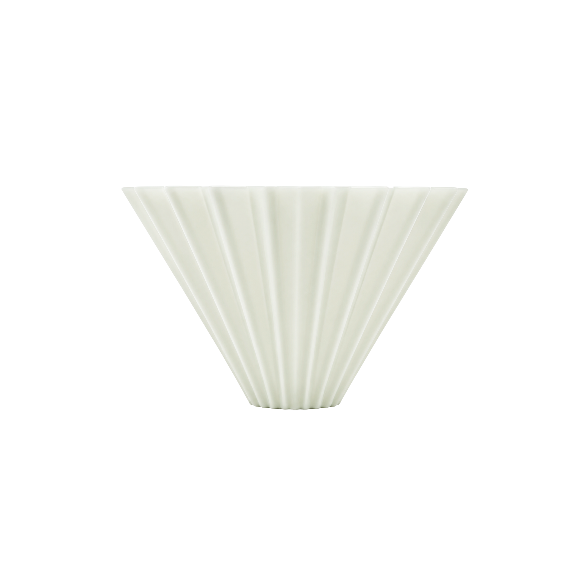 A white ceramic pour-over coffee cone with vertical fluted ridges, centered on a solid white background.
